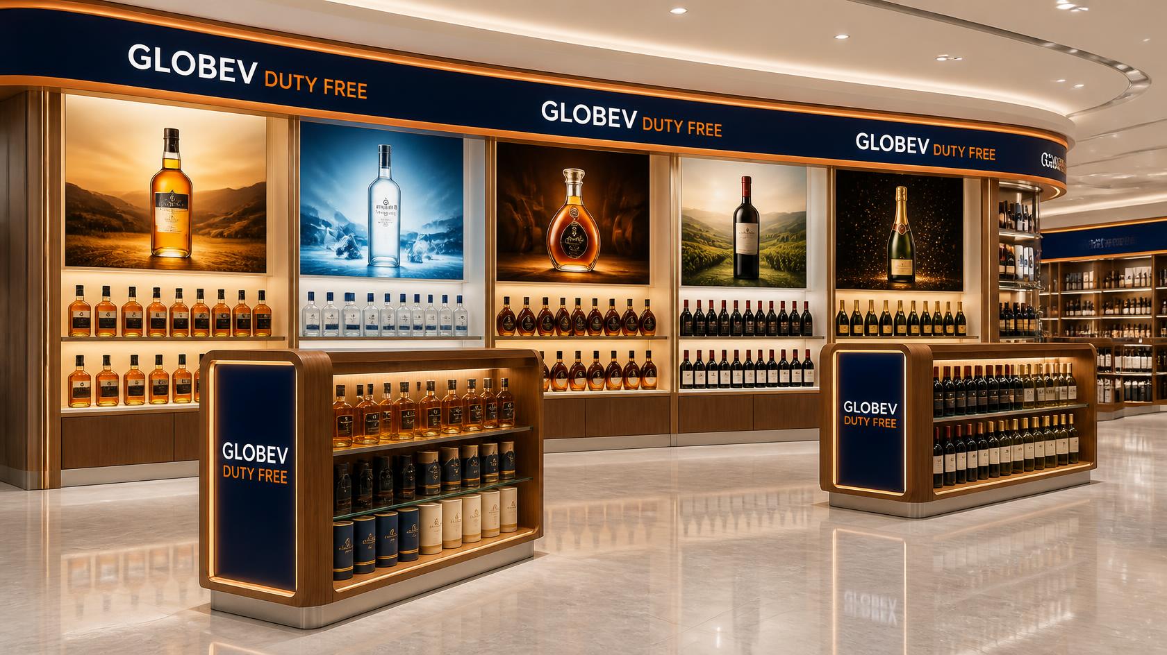 Concept visualisation of a GloBev Duty Free branded retail fascia and display fixtures